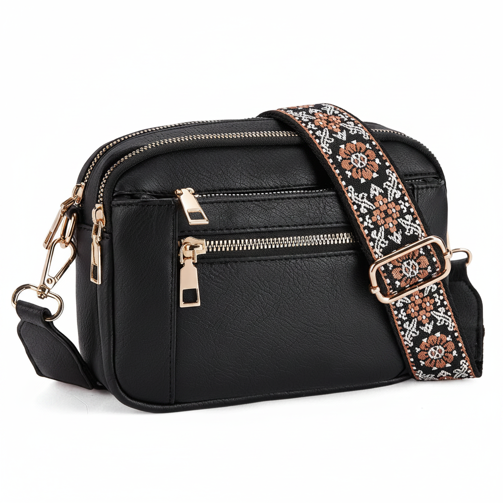 Black women's floral embroidered crossbody bag — triple zip PU leather with gold hardware from Atlantis