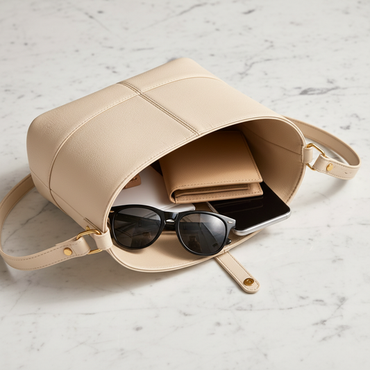 Leather bucket shoulder bag interior with organized compartments