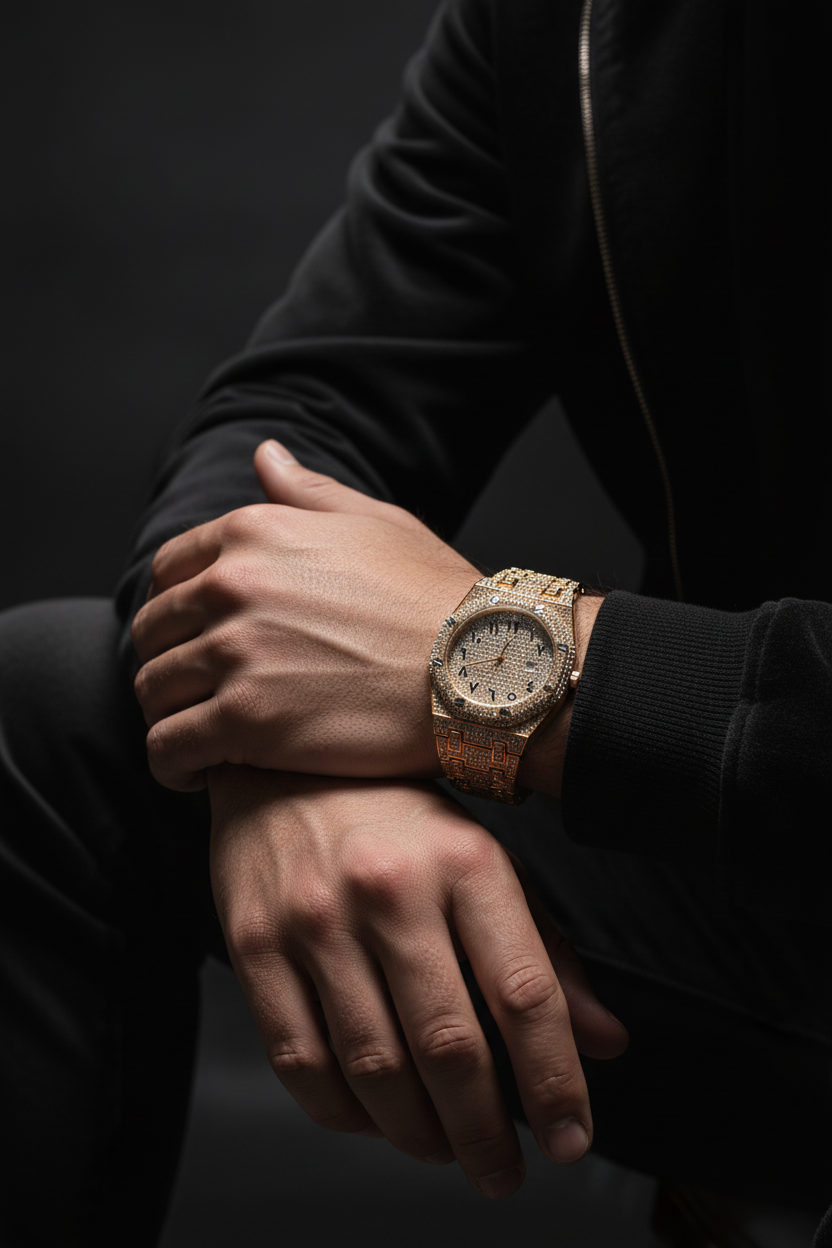 Lifestyle — Fully Iced Gold Watch on Wrist