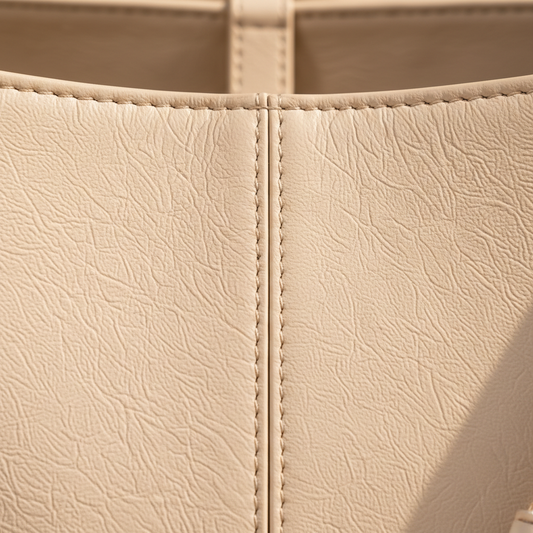 Leather bucket shoulder bag material and stitching detail