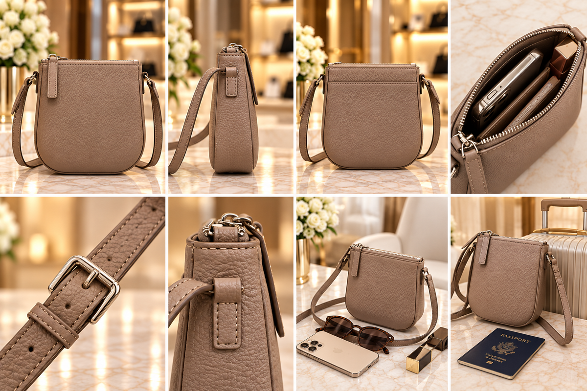 Beige mini phone crossbody bag gallery with multiple product views