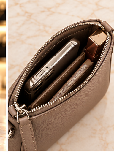 Beige mini phone crossbody bag open top capacity view