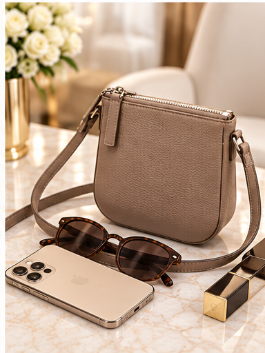 Beige mini phone crossbody bag styled with everyday essentials