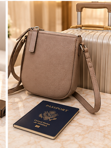Beige mini phone crossbody bag styled for travel
