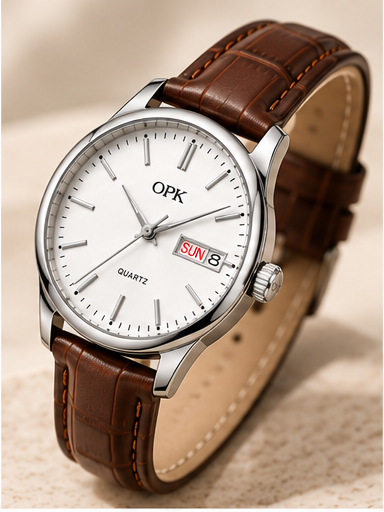 OPK 6022 women's white dial brown strap angled view
