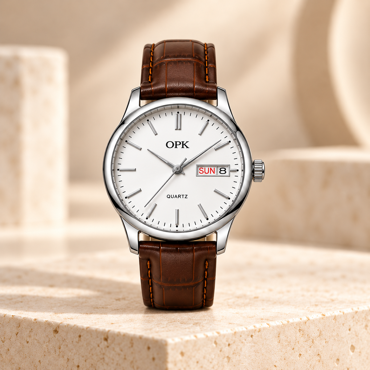 OPK 6022 women's day-date quartz watch in warm ivory studio