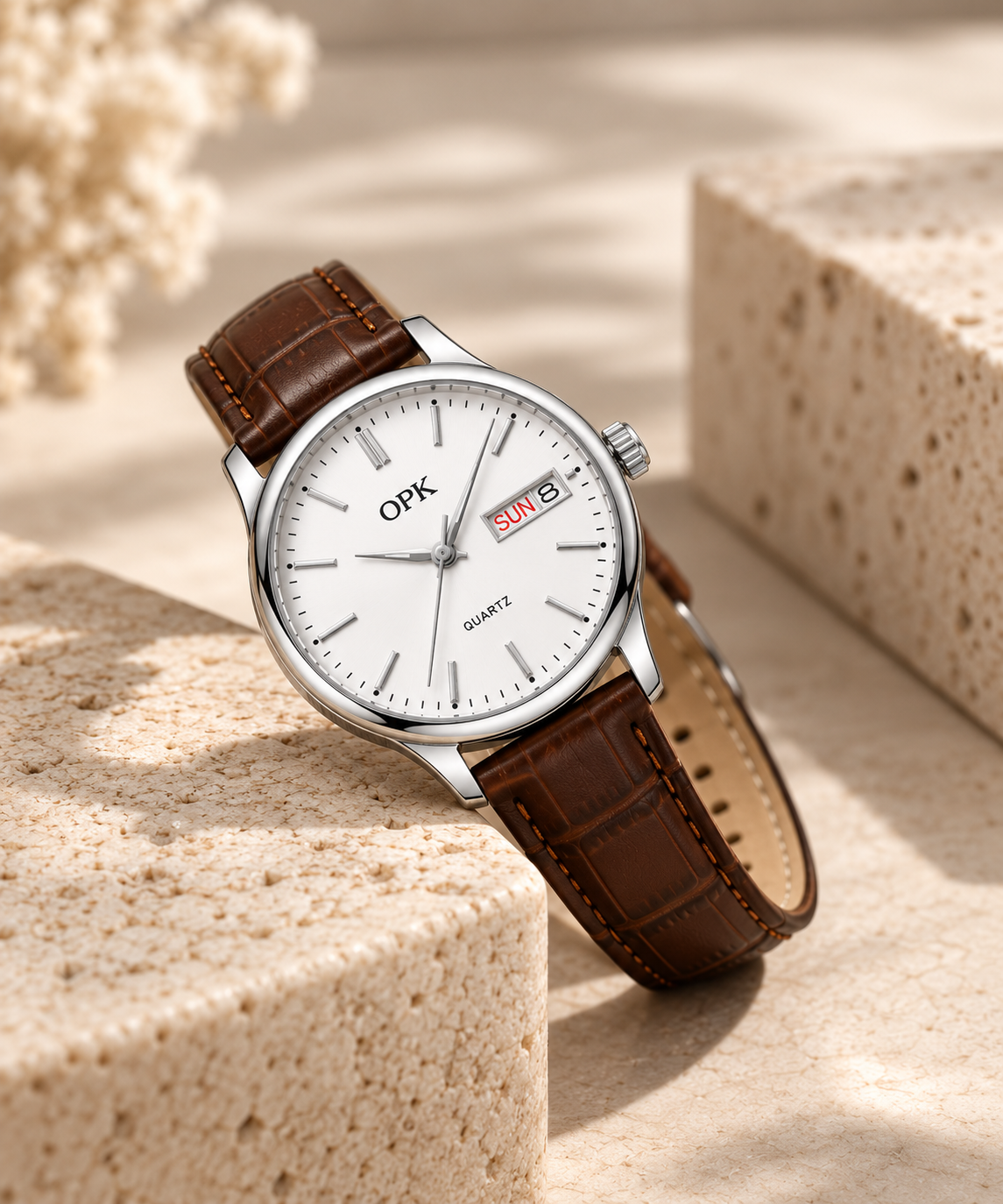 OPK 6022 women's white dial brown strap lifestyle view