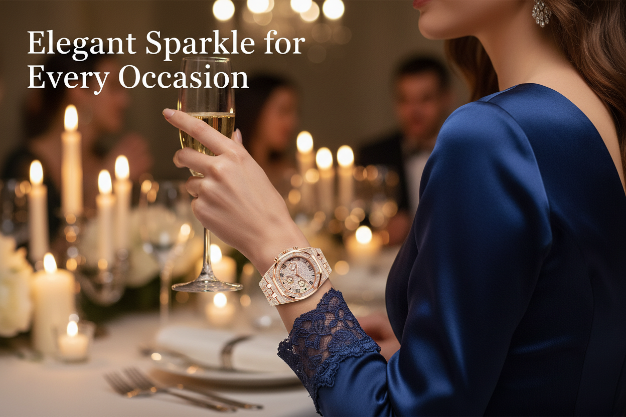 Rose gold women's rhinestone watch worn at an evening event — sparkling bezel and Roman numeral dial from Atlantis