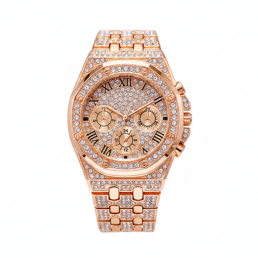  Rose gold women's rhinestone quartz watch with Roman numeral dial and stainless steel strap from Atlantis