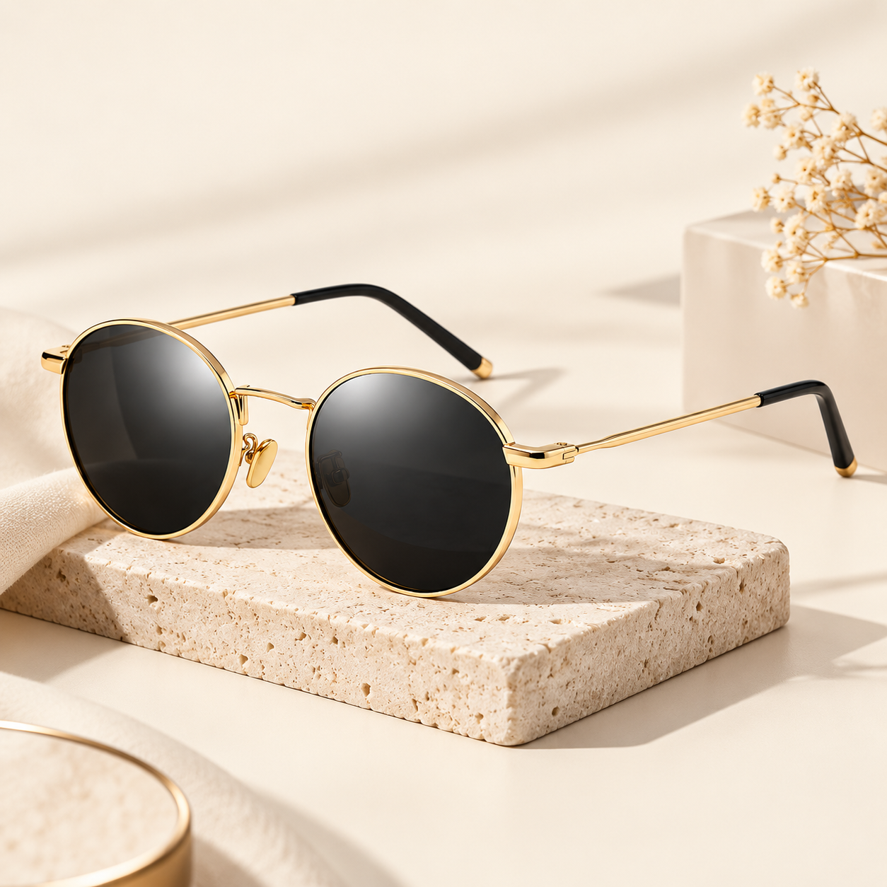 Women's round gold-frame sunglasses with dark lenses in a warm cream editorial setting