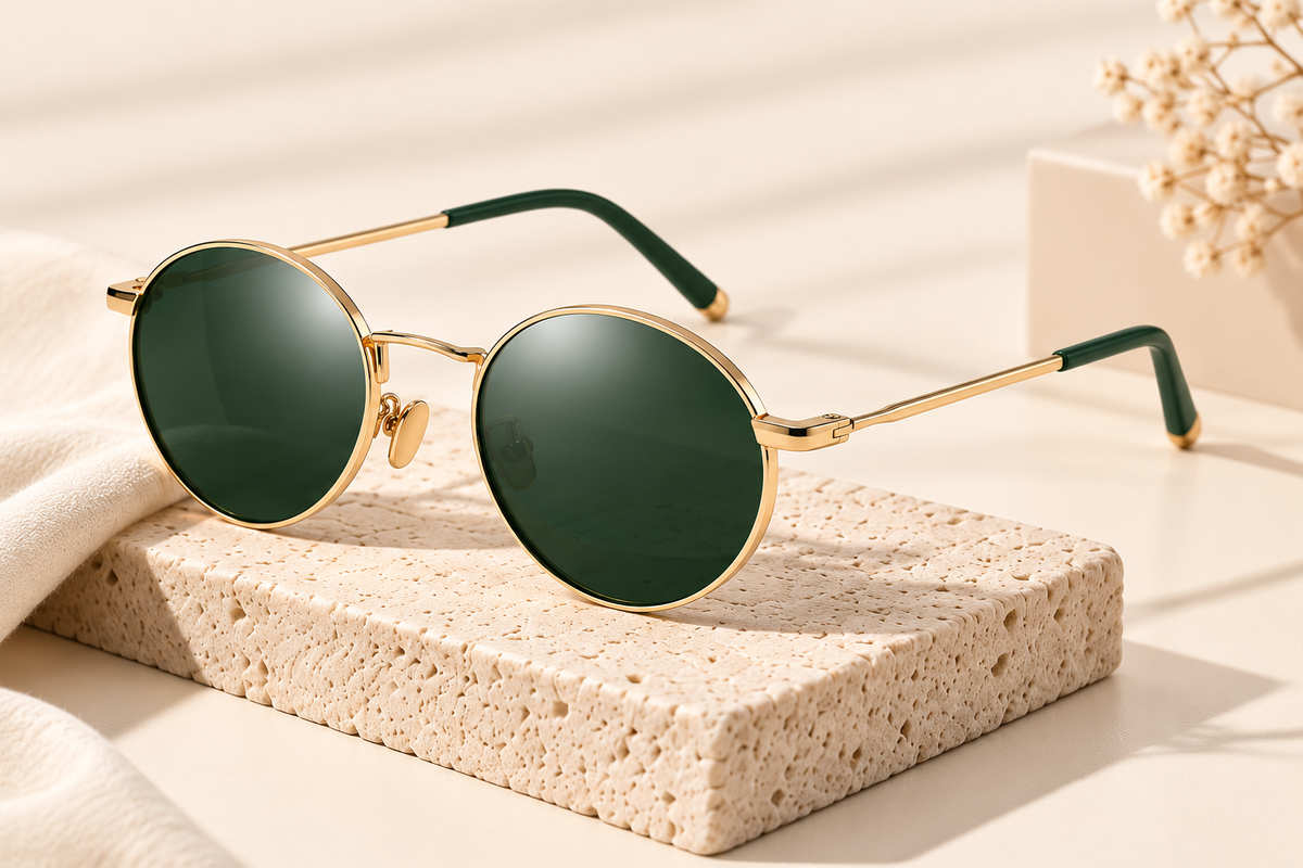 Women's round gold-frame sunglasses with dark green lenses in a warm cream stone setting