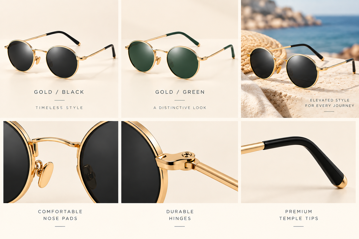 Women's round gold-frame sunglasses in black and green lens options with detail views