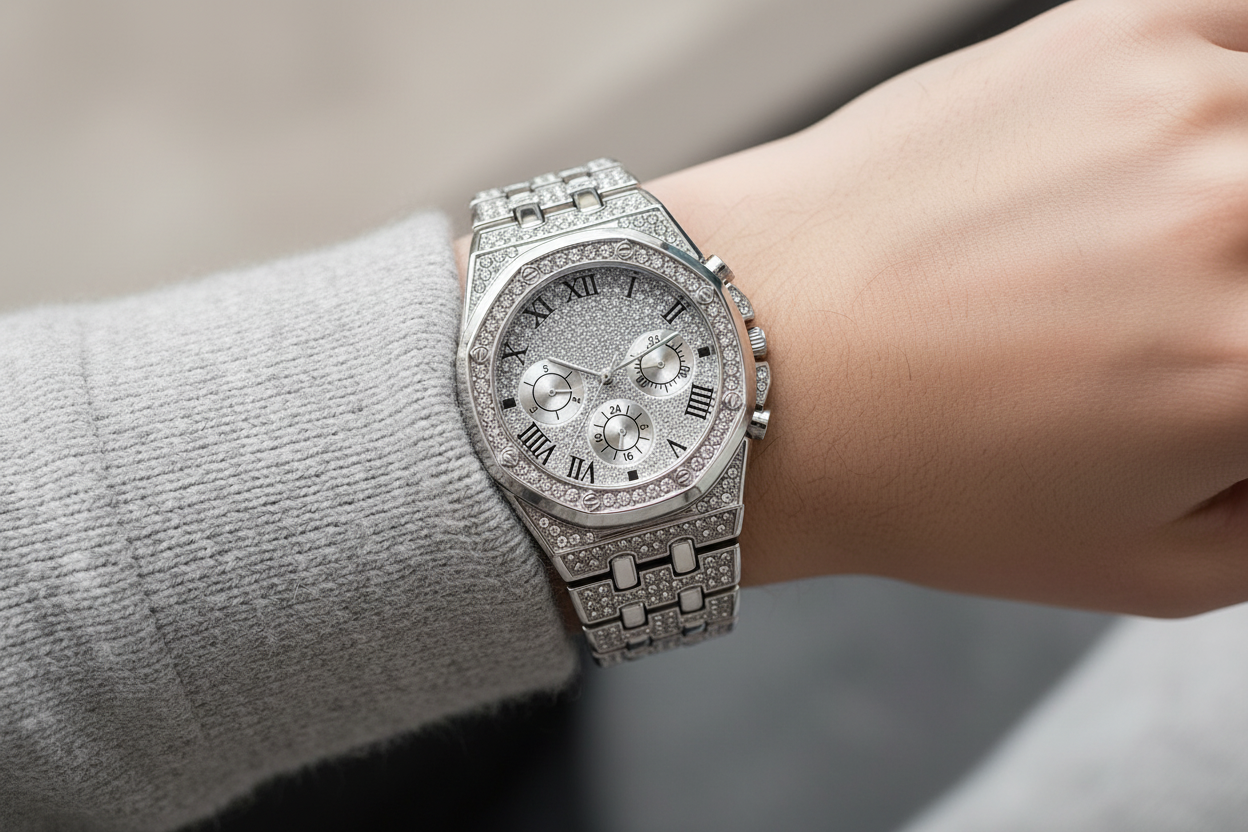 Silver women's rhinestone watch close-up on wrist — rhinestone bezel detail and Roman numeral dial from Atlantis