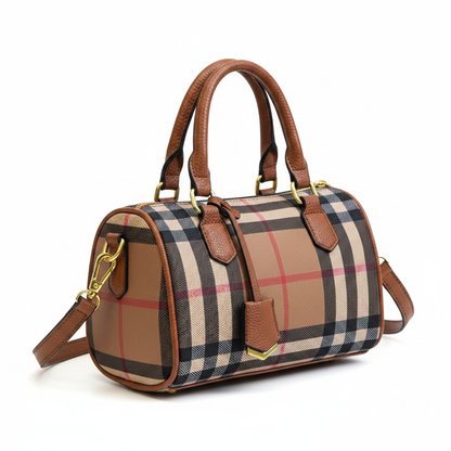 Stripe Plaid Barrel Bag on White Background