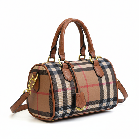 Stripe Plaid Barrel Bag on White Background