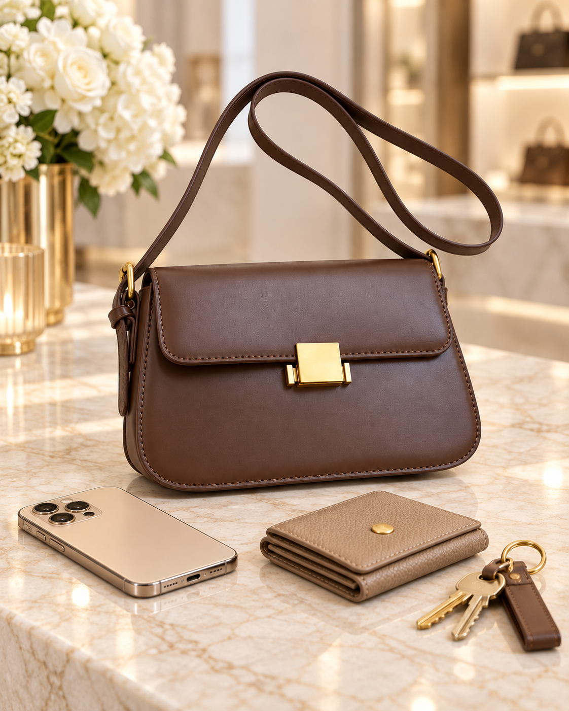 Brown Structured Everyday Crossbody Bag beside a phone, small wallet and keys on a marble counter