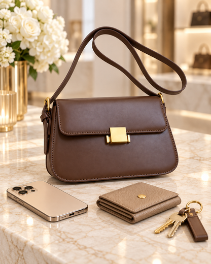 Brown Structured Everyday Crossbody Bag beside a phone, small wallet and keys on a marble counter