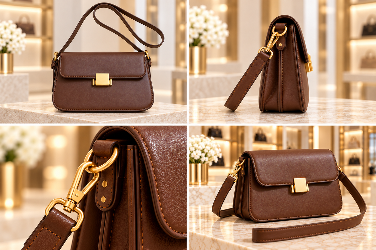 Structured Everyday Crossbody Bag gallery: front, side, strap hardware and angled marble boutique view