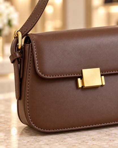 Close-up of the brown Structured Everyday Crossbody Bag's gold-tone latch and strap ring