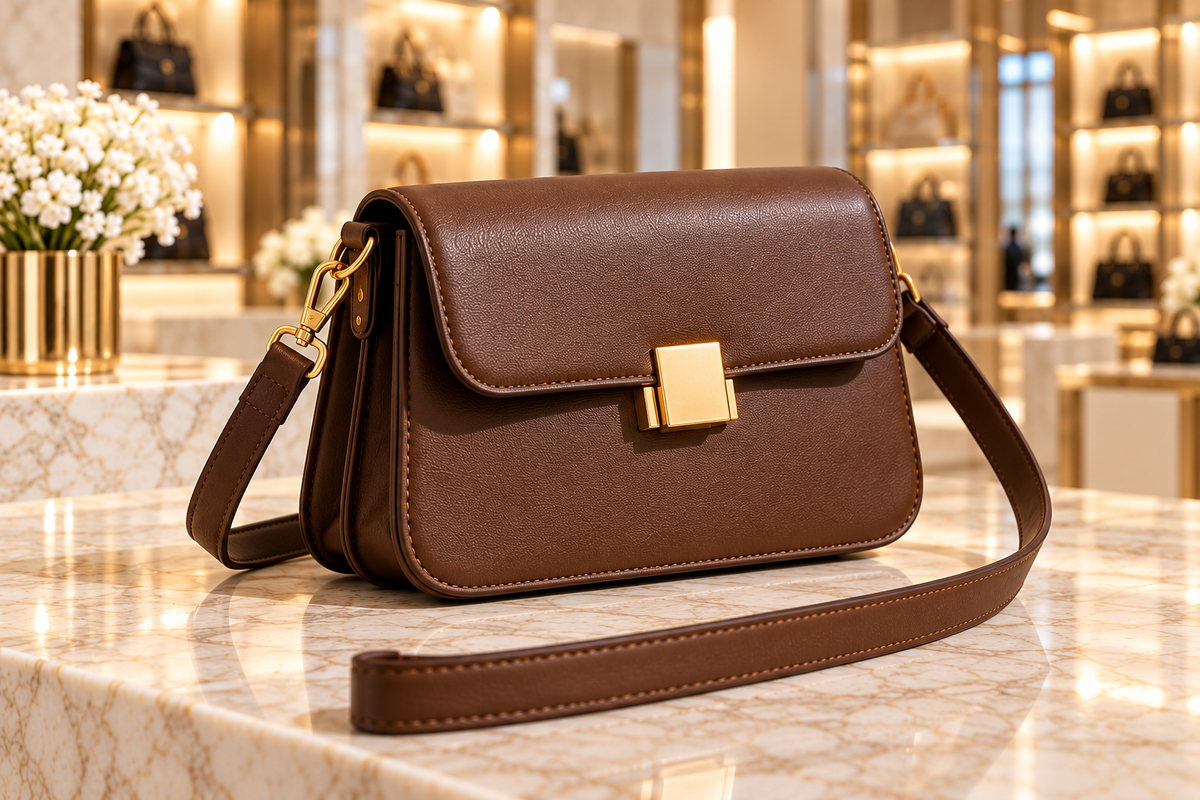 Brown structured everyday crossbody bag with gold-tone clasp displayed on a marble counter