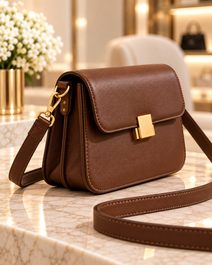 Brown Structured Everyday Crossbody Bag side view on a cream marble counter