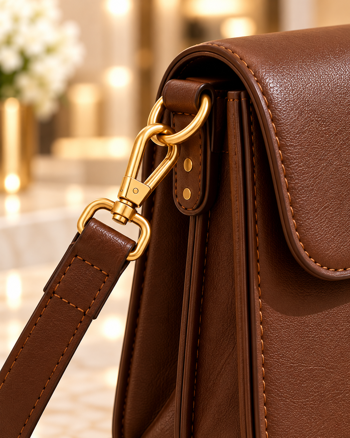 Close-up of the brown Structured Everyday Crossbody Bag shoulder strap attachment and gold-tone hardware