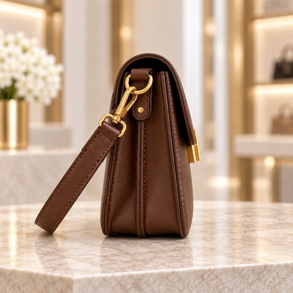 Structured Everyday Crossbody Bag in brown, straight side profile showing depth and strap hardware