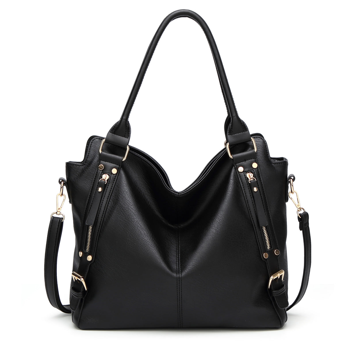 Black vintage PU tote shoulder bag front view