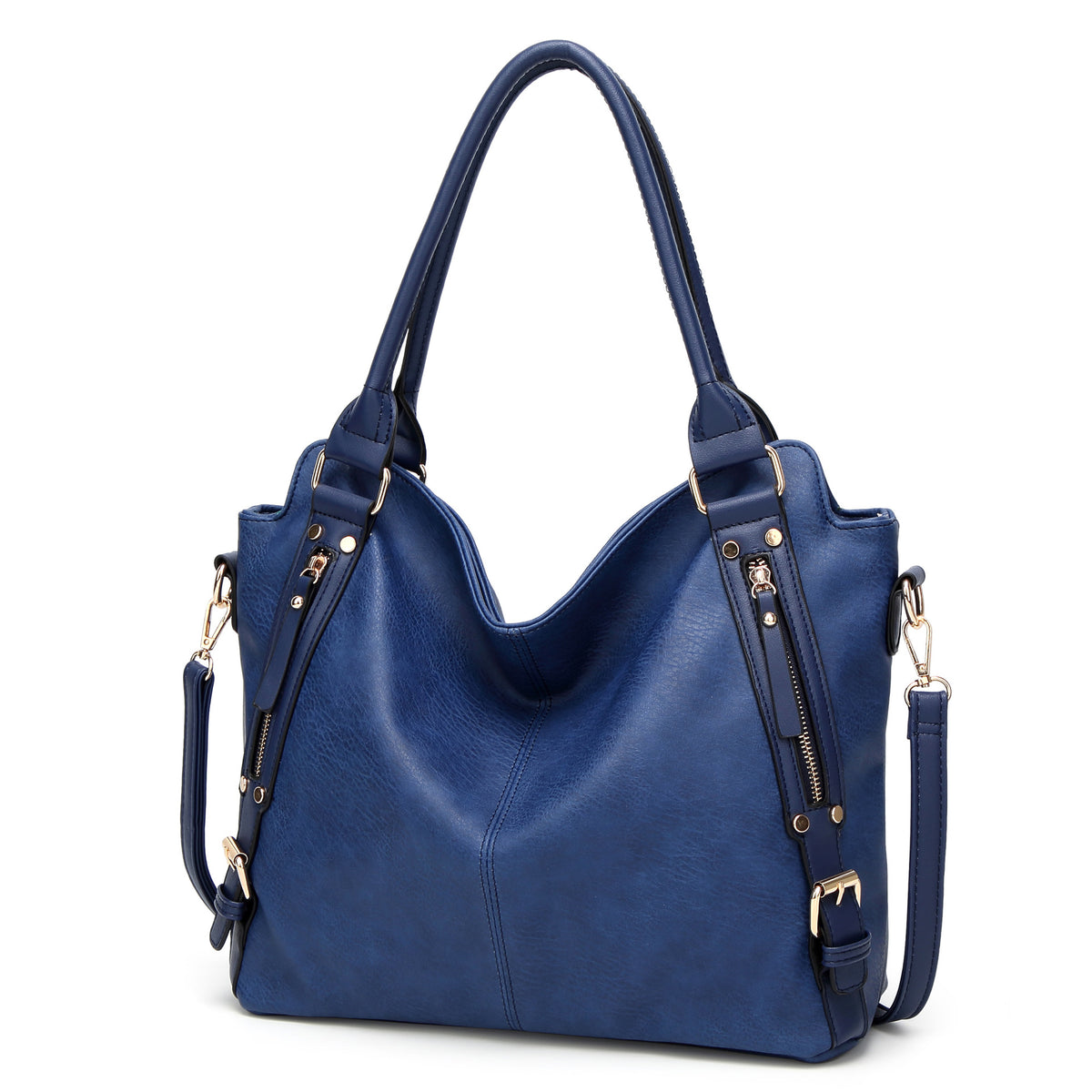 Blue vintage PU tote shoulder bag front view