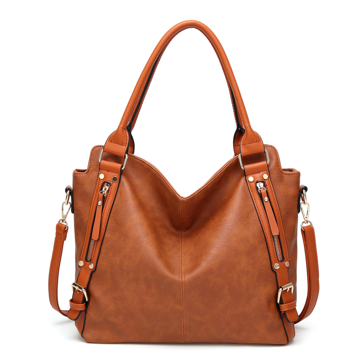 Cognac vintage PU tote shoulder bag front view