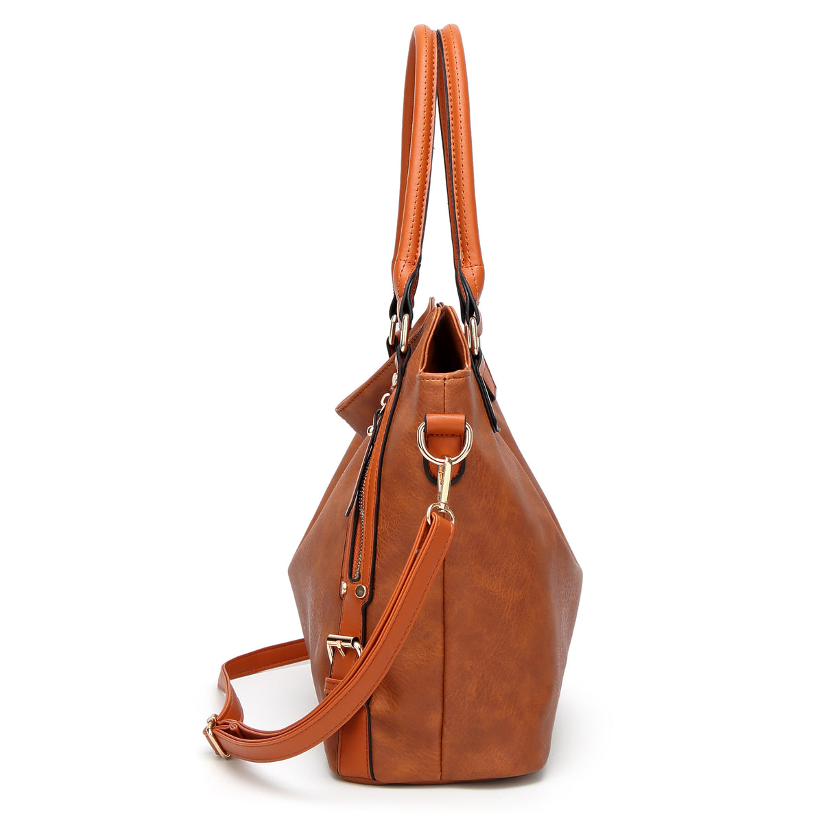Cognac vintage PU tote shoulder bag side view with removable strap