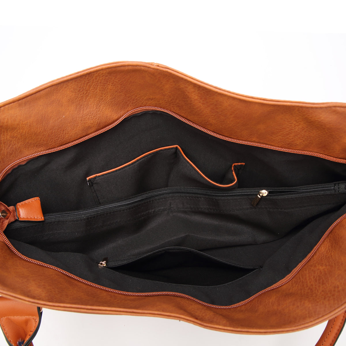Vintage PU tote bag interior pockets and zip compartments