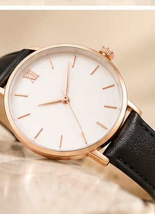 Close-up of women's minimalist quartz watch white dial