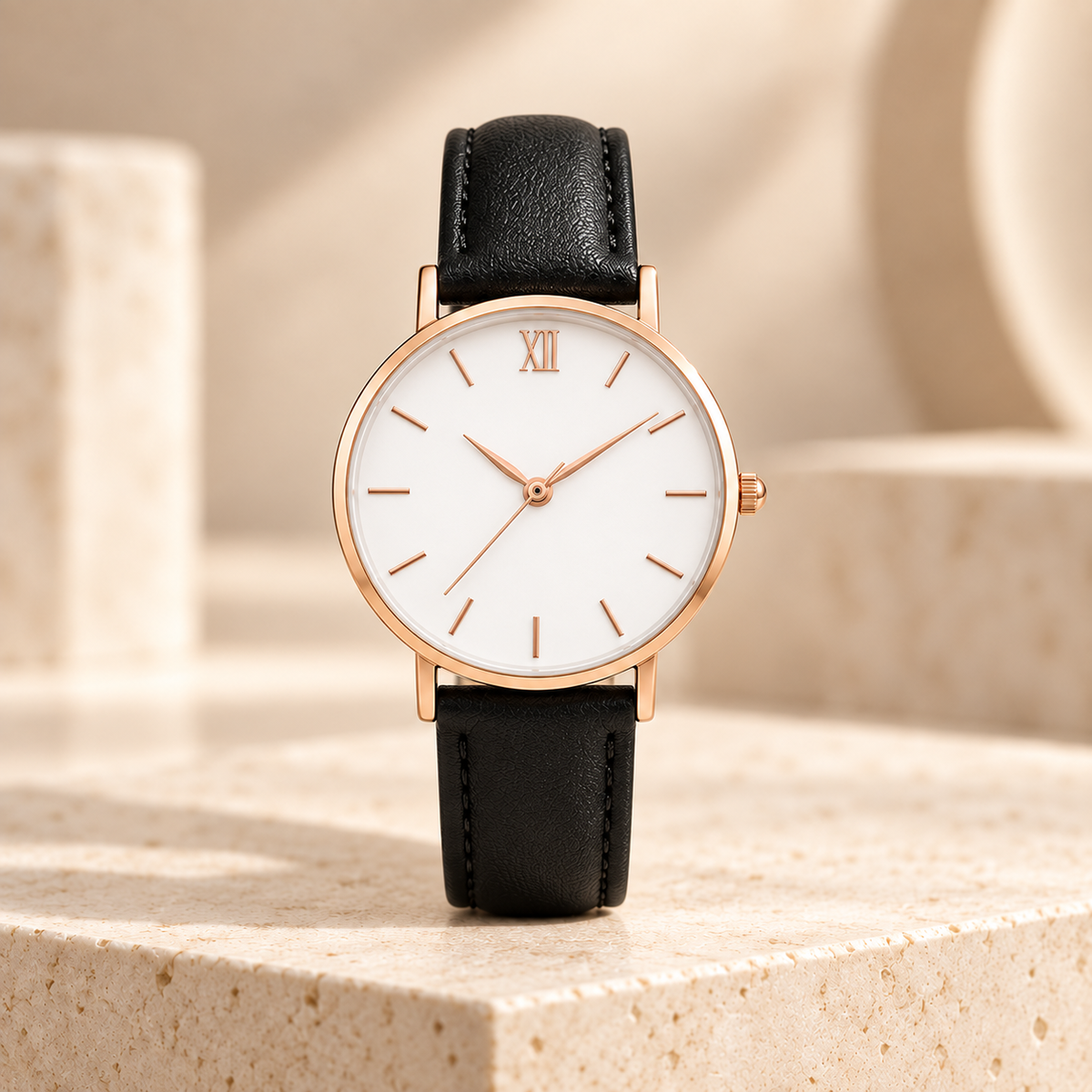 Women's minimalist quartz watch with black strap in warm ivory studio