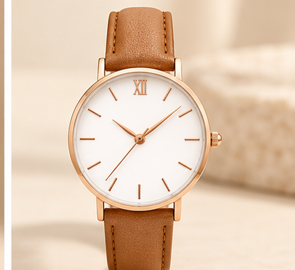 Women's minimalist quartz watch with white dial and tan strap