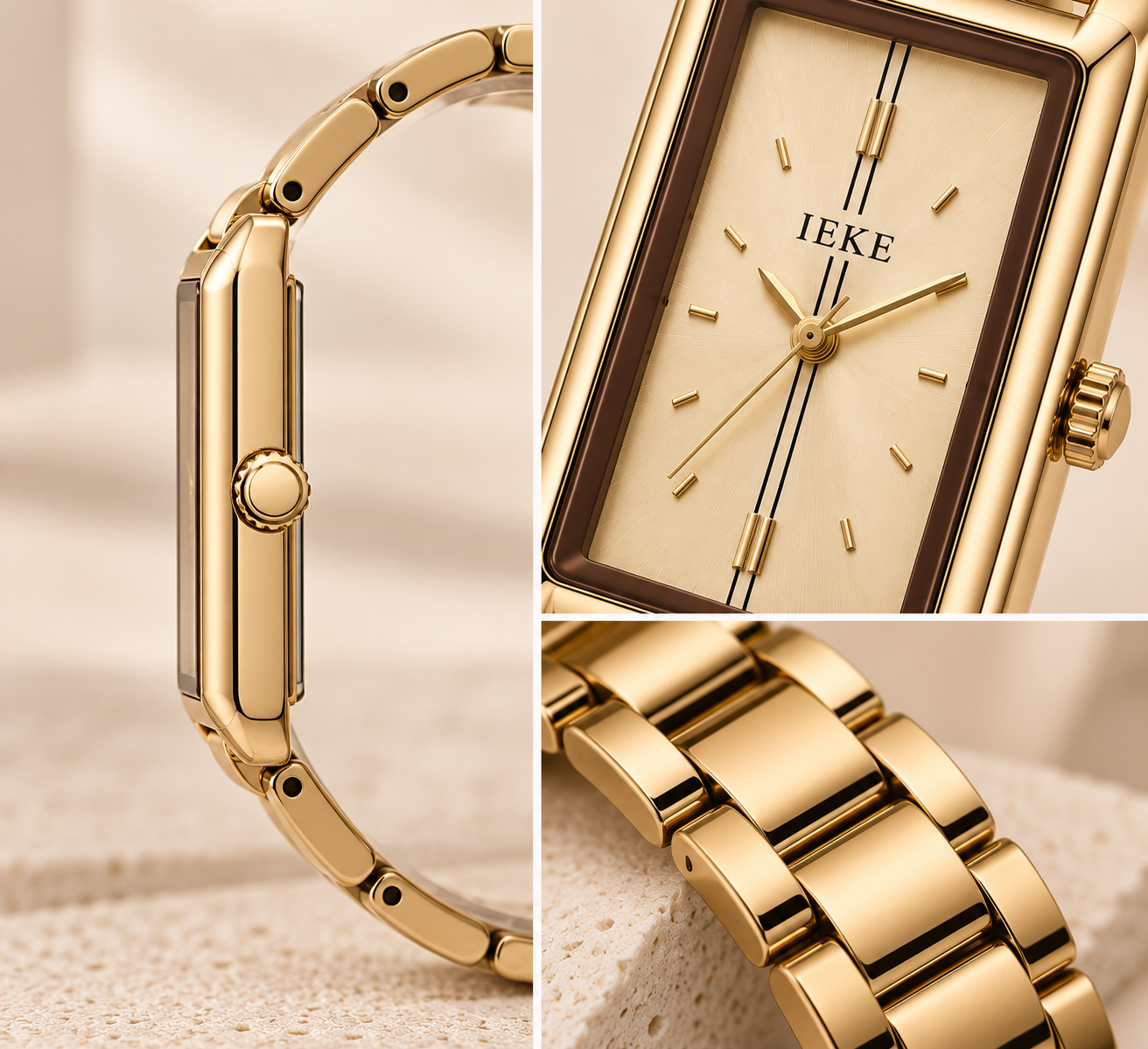 Women's rectangular gold IEKE watch crown, dial, and bracelet details