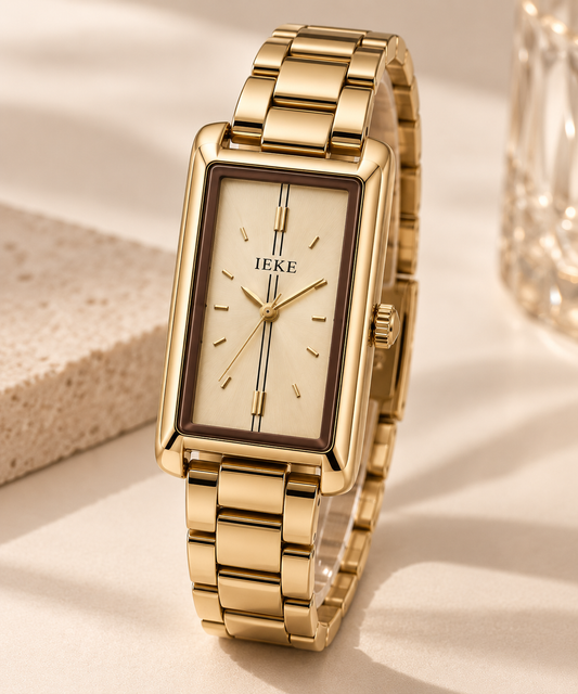 Women's rectangular gold IEKE watch three-quarter view